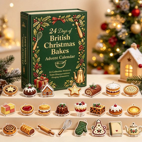 British Christmas Bakes Advent Calendar, 24Pcs 2D Acrylic British Baking Ornaments, Christmas Countdown Advent Calendar Box, Xmas Tree Decorations for Baking Lovers(Christmas Blind Box A)