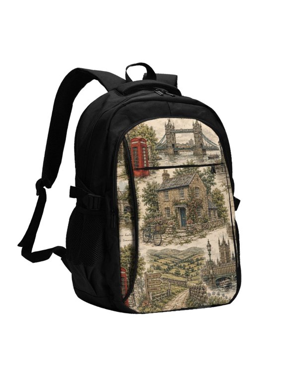 British Cityscape Series Laptop Backpack with USB Charging Headphone Port Casual Daypack Bag College Business Travel