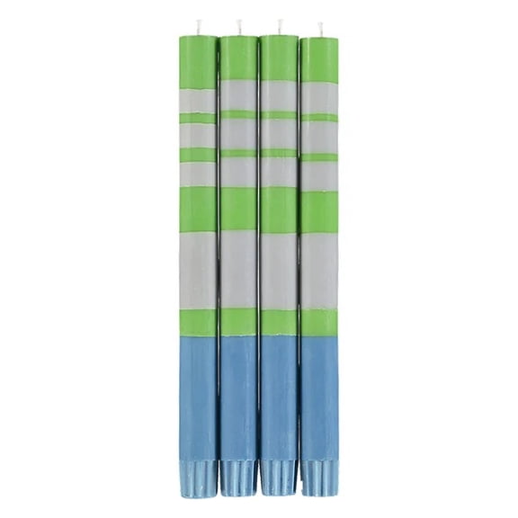 British Colour Standard - 25cm / 10'' H Striped Nanking Blue, Grass Green & Willow Grey Eco Dinner Candles, Gift Box of 4