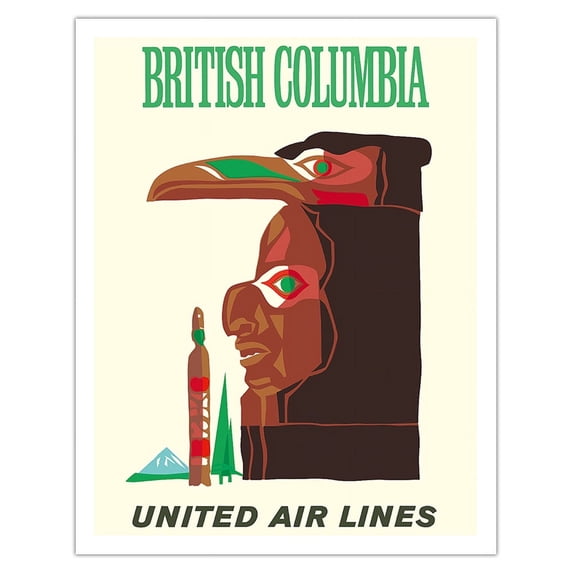 British Columbia - Northwest Indian Totem Pole - United Air Lines - Vintage Airline Travel Poster c.1960s - Fine Art Matte Paper Print (Unframed) 11x14in