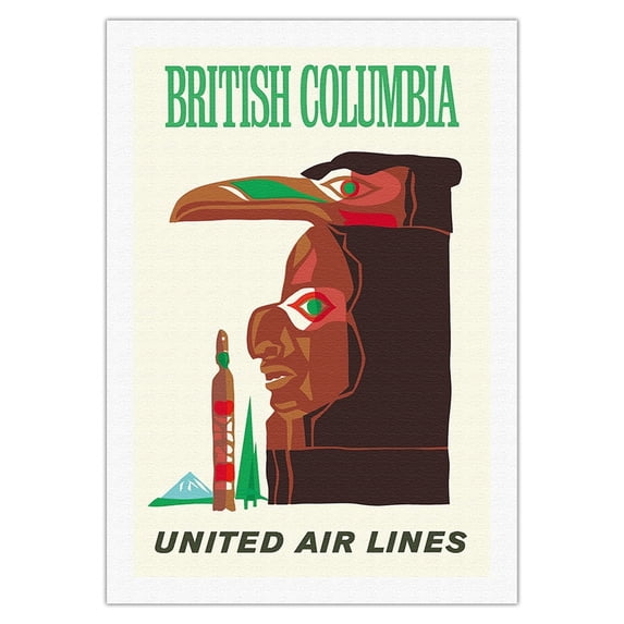 British Columbia - Northwest Indian Totem Pole - United Air Lines - Vintage Airline Travel Poster c.1960s - Fine Art Rolled Canvas Print 27in x 40in