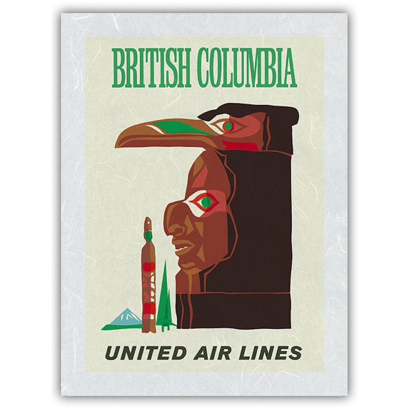 British Columbia - Northwest Indian Totem Pole - United Air Lines - Vintage Airline Travel Poster c.1960s - Japanese Unryu Rice Paper Art Print (Unframed) 12 x 16 in