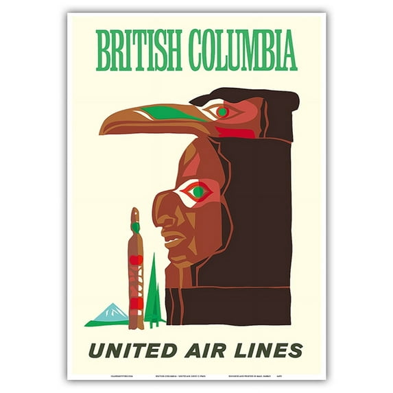 British Columbia - Northwest Indian Totem Pole - United Air Lines - Vintage Airline Travel Poster c.1960s - Master Art Print 10in x 14in