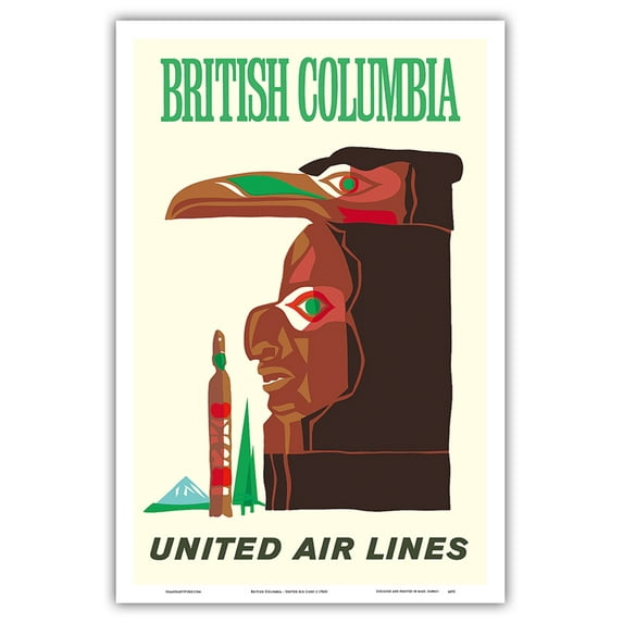 British Columbia - Northwest Indian Totem Pole - United Air Lines - Vintage Airline Travel Poster c.1960s - Master Art Print (Unframed) 12in x 18in