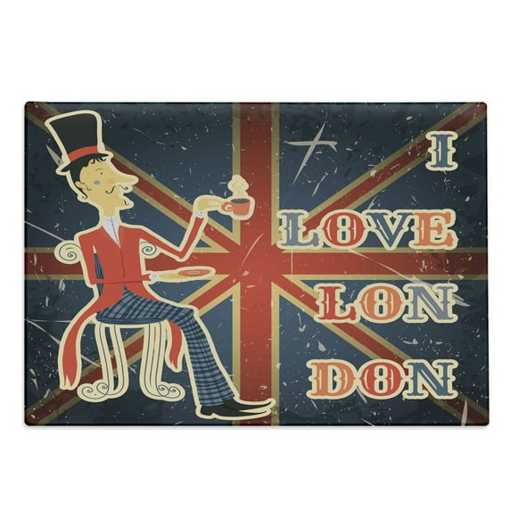 British Cutting Board, I Love London Words English Man Drinking Tea on UK Flag Backdrop National Design, Decorative Tempered Glass Cutting and Serving Board, Large Size, Multicolor, by Ambesonne