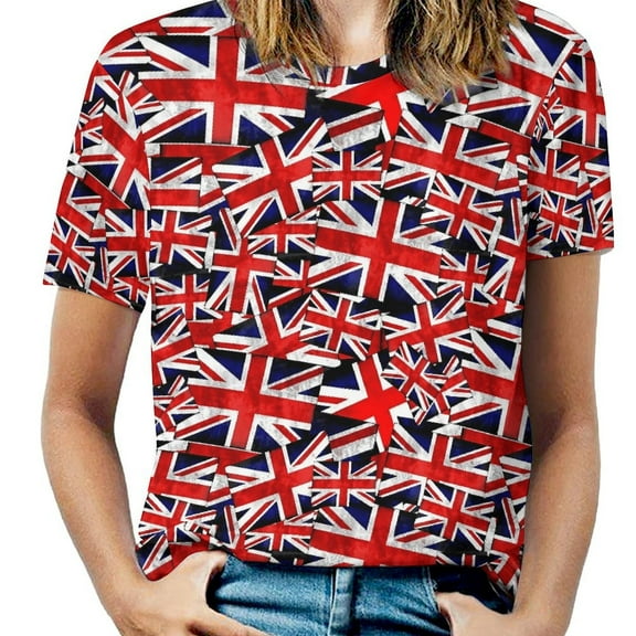 British Flag Pattern Womens Tops Women's Fashion Casual Short Sleeve Flower Print Round Neck Pullover Top Blouse