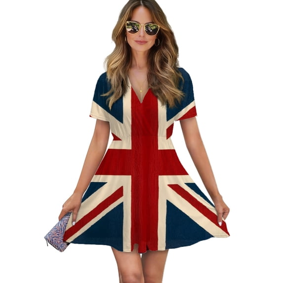 British Flag Print Rug Women Dress V-Neck Short Sleeve Flowy Swing Party Midi Dress