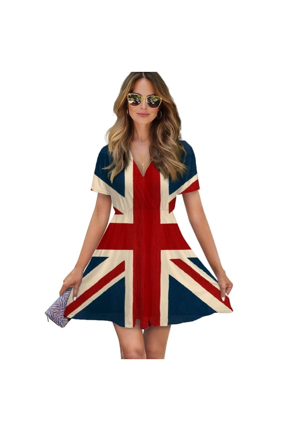 British Flag Print Rug Women Dress V-Neck Short Sleeve Flowy Swing Party Midi Dress