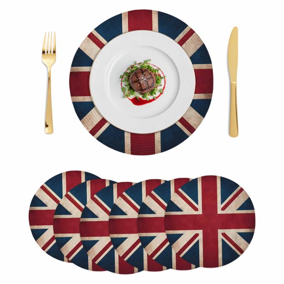 British Flag Round 13 Inch Placemats Set of 6, Vintage United Kingdom England Uk Flag HeatResistant Non Slip Place Mats for Dining Table, Wipeable Braided Kitchen Table Mats for Housewarming