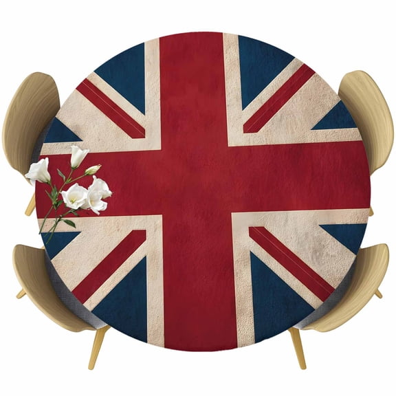 British Flag Round Tablecloth 45-54 Inch Round Fitted Table Cloth with Elastic Edge, Vintage United Kingdom England Uk Flag Waterproof Table Cover Protector for Outdoor Picnic Party Dining