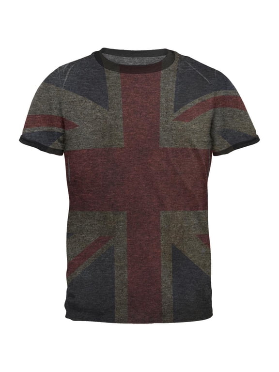 British Flag Union Jack Grunge Mens Ringer T Shirt Heather-Black MD