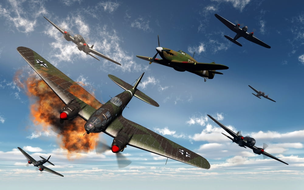British Hawker Hurricane aircraft attack a German Heinkel He 11 bomber Canvas Art - Mark StevensonStocktrek Images (36 x 23)
