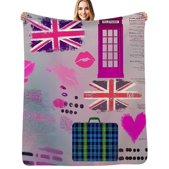 British Icons Grunge Pattern Flannel Blankets Soft Throw Blanket Winter Travel Office Outdoor Bedspread
