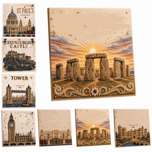 British Landmarks Pearl Art DIY Kit, Timeless UK Destinations Pearl Art Kit, Vintage British Architecture Craft Set for Adult Home Wall Decor, G Style