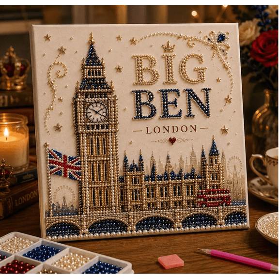 British Landmarks Pearl Art DIY Kit, Timeless UK Destinations Pearl Art Kits for Adults, 8"×8" Pre‑Framed Canvas Diamond Painting Kit for Adults for DIY Wall Decor & Holiday Gifting, Home Decor-G
