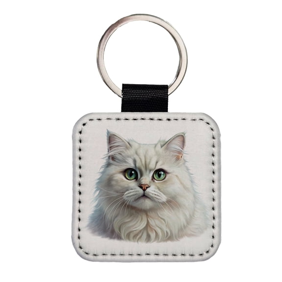 British Longhair White Cat Illustration Faux Leather Square Keychain