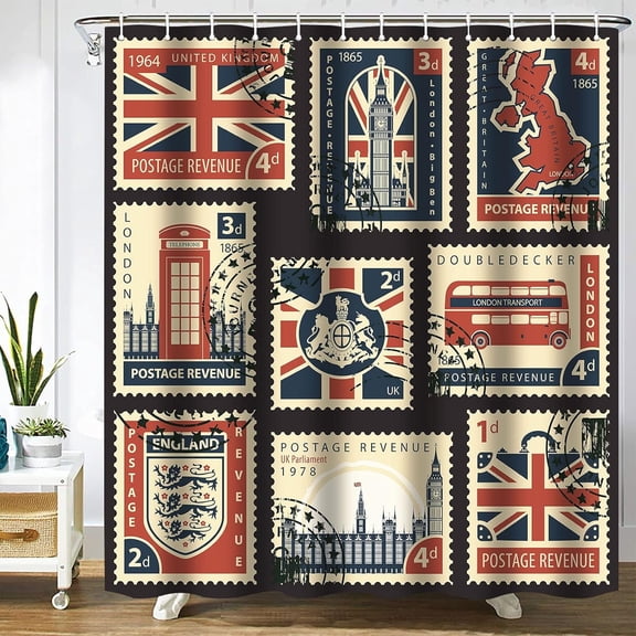 British Map Shower Curtains for Bathroom 72x72 Inch Postage Stamps UK Flag Parliament London Big Ben Coats Arms England and Great Britain Fabric Shower Curtain British Decor Sets with Hooks
