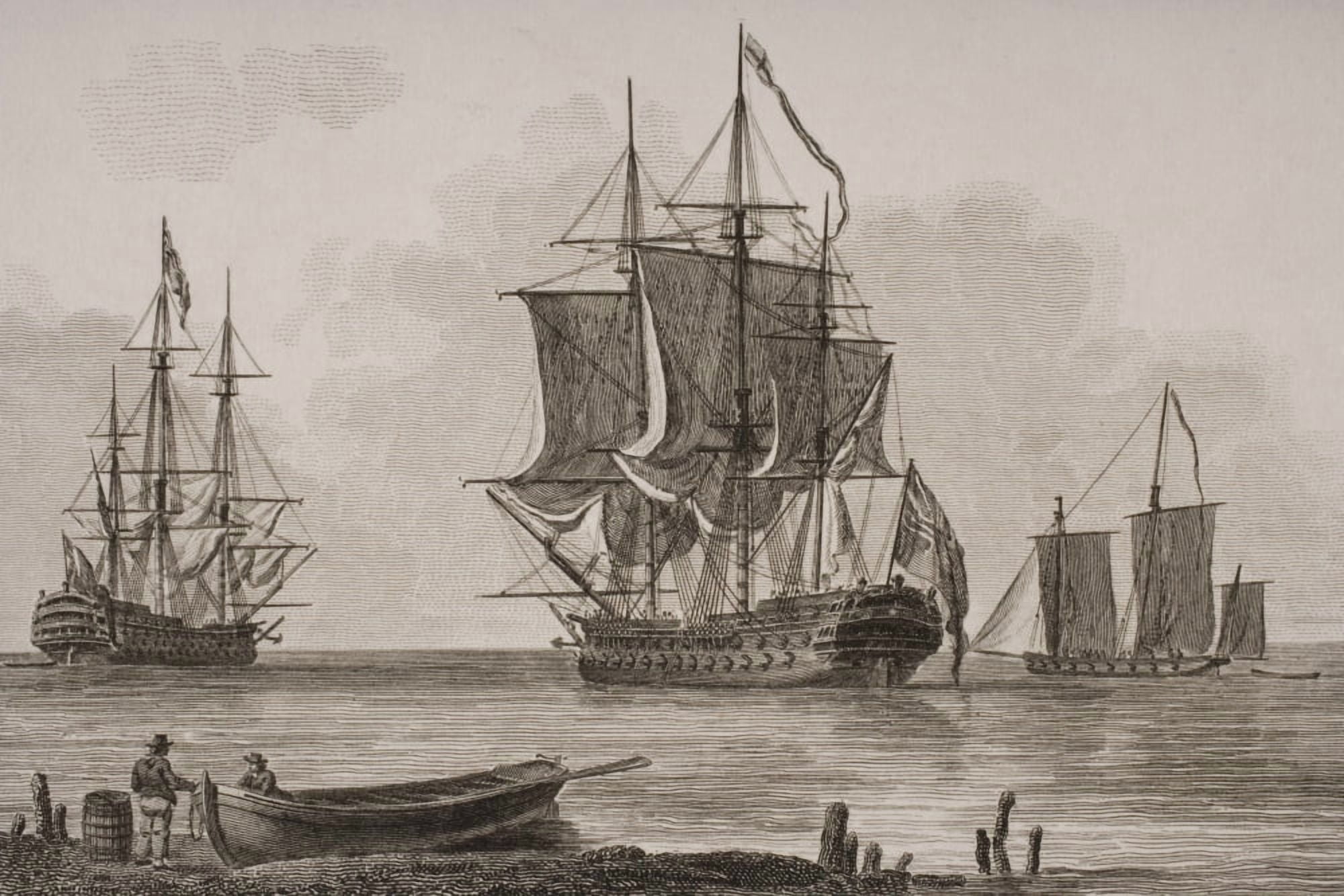 British Men Of War From Left First Rate Man Of Wars Barge Seventy Four Lugger From A Print Dated 1820 Engraved By Milton Canvas Art - Ken Welsh Design Pics (18 x 12)