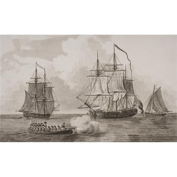 British Men of War From Left Fire Brig Flat Bottomed Boat Gun Vessel Man Poster Print - 36 x 22