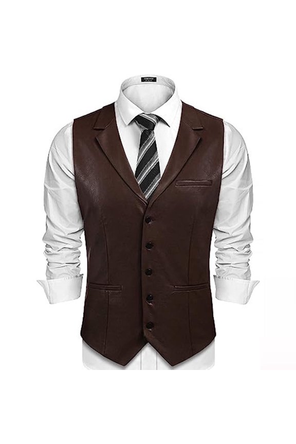 British Men's Slim PU Leather Vest Turn Down Collar Single Breasted Waistcoat