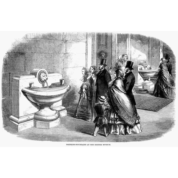 British Museum 1860. Ndrinking Fountains At The British Museum London England. Wood Engraving 1860. Print by