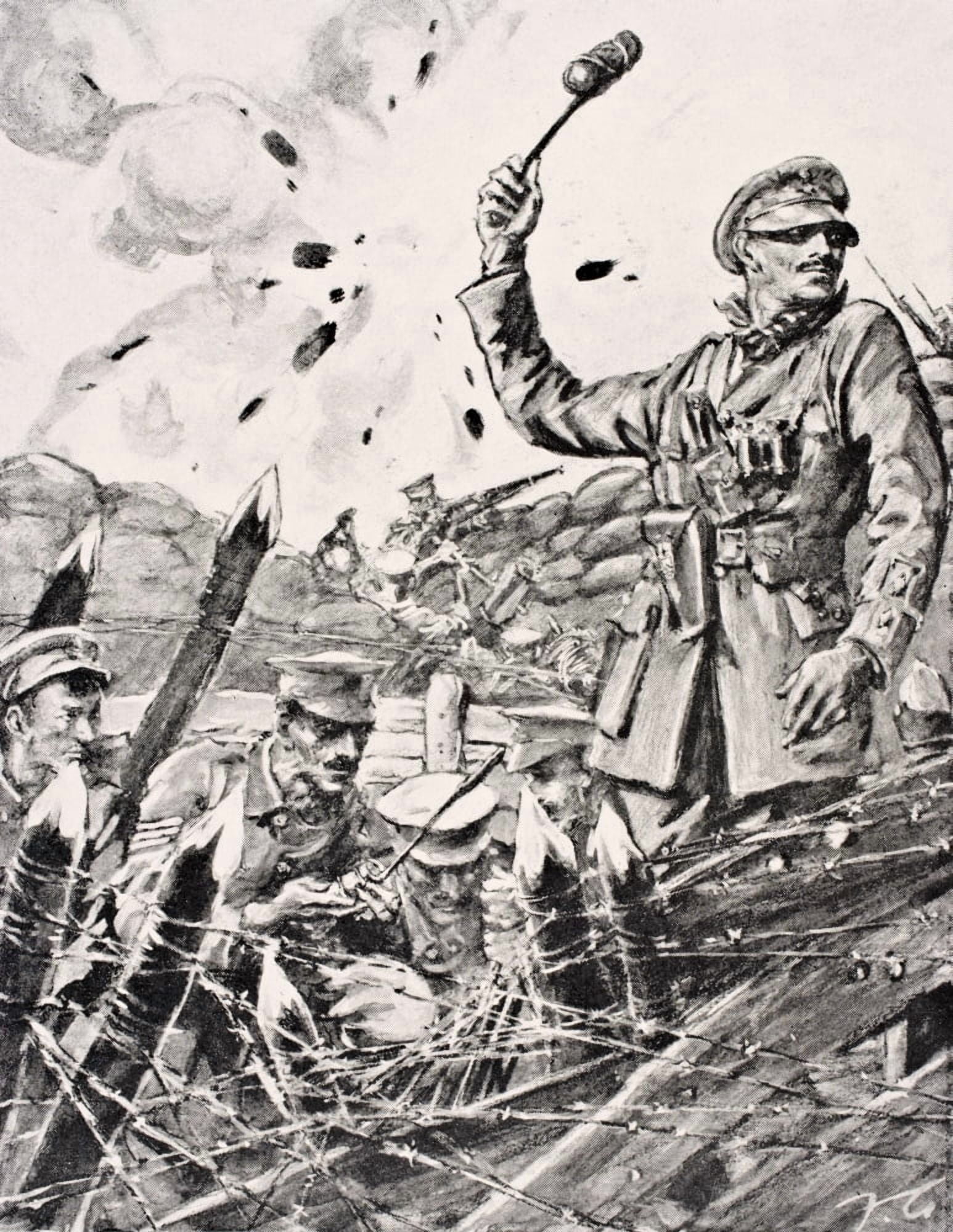 British Officer Hurling Grenades From Trench At Attacking Germans From The War Illustrated Album Deluxe Published London 1916 Canvas Art - Ken Welsh Design Pics (24 x 32)