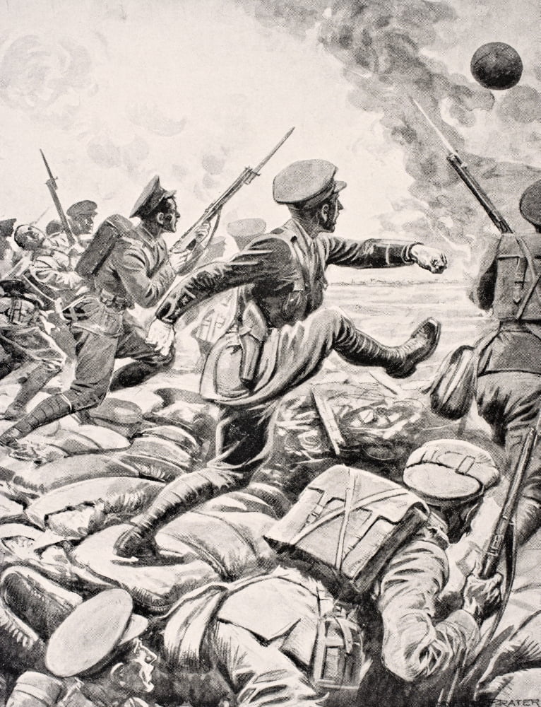 British Officer Kicks Football Towards German Lines To Inspire His Platoon To Charge With Him From The War Illustrated Album Deluxe Published London 1916 Canvas Art - Ken Welsh Design Pics (24 x 32)