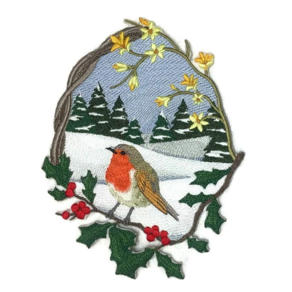 British Robin Oval Embroidered Iron on/Sew Patch[ 5.8" x 7.29"]