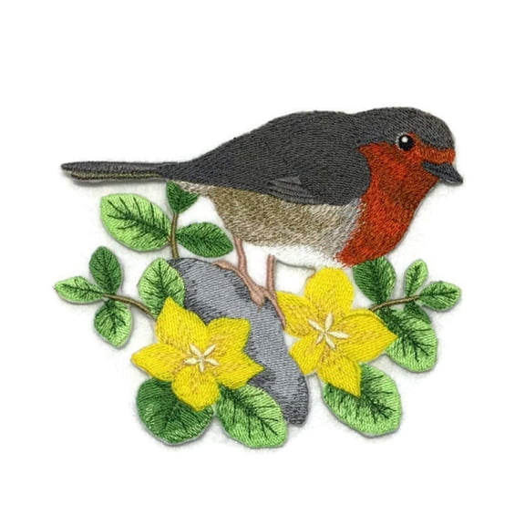 British Robin and Creeping Jenny Embroidered Iron on/Sew Patch [5.86"x 5.96"]