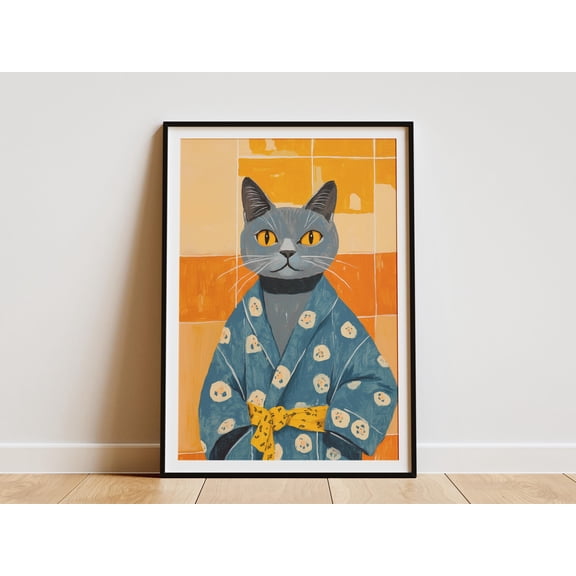 British Shorthair Cat Art Print Cat in Bathrobe Poster Bathroom Wall Decor Funny Cat Print Pet Portrait Cat Lover Gift Cute Cat Art - Poster Unframed