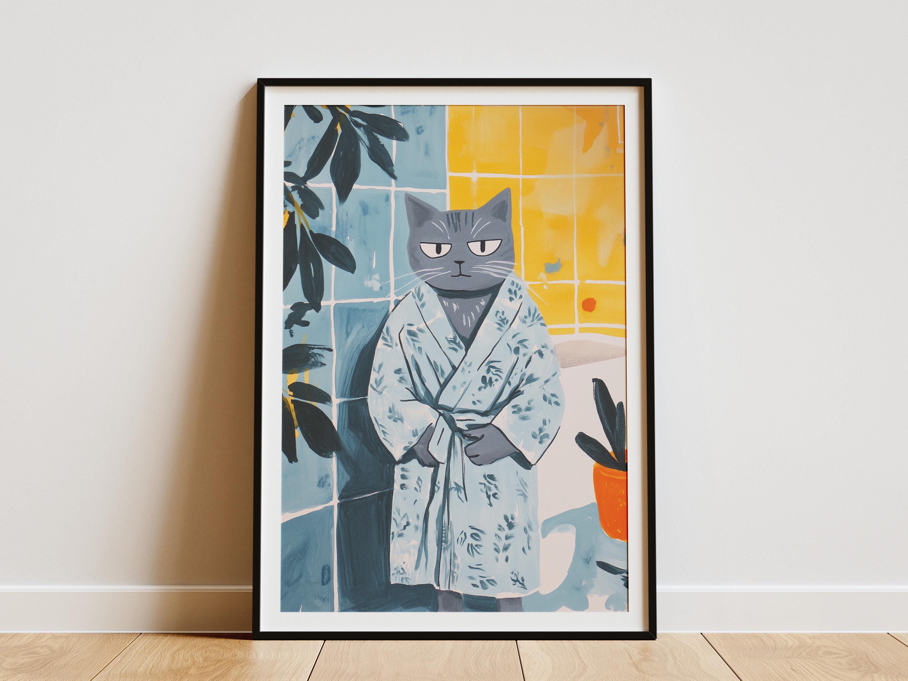 British Shorthair Cat Art Print Cat in Bathrobe Poster Funny Bathroom ...