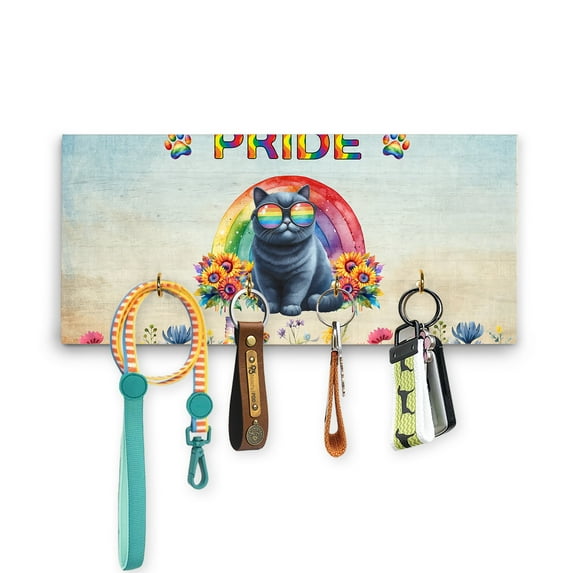 British Shorthair Celebrates Rainbow Pride Month LGBT LGBTQ+ Wood Key Holder Cat Lover Kitten Owner Gifts Wall-mounted Key Rack Home Decor - 01003