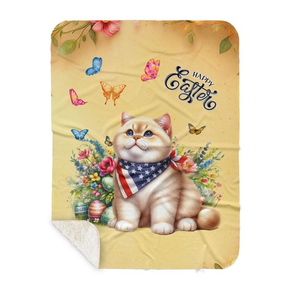 British Shorthair Celebrates Spring and Happy Easter Cozy Sherpa Blanket Cat Lover Kitten Owner Gifts Warm Soft Throw Blanket - 02001
