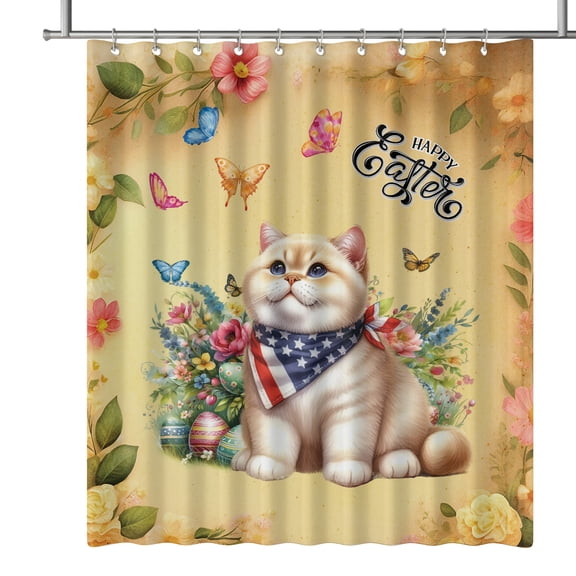 British Shorthair Celebrates Spring and Happy Easter Shower Curtain Cat Lover Kitten Owner Gifts Waterproof Bathroom Bathtub Curtain - 02001