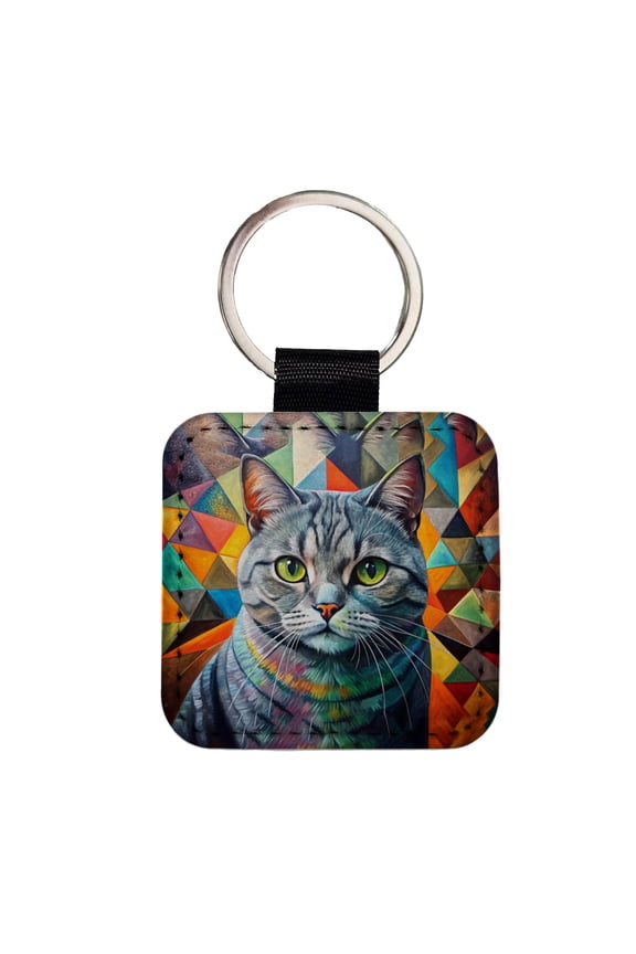 British Shorthair Gray Cat Abstract Art Faux Leather Square Keychain