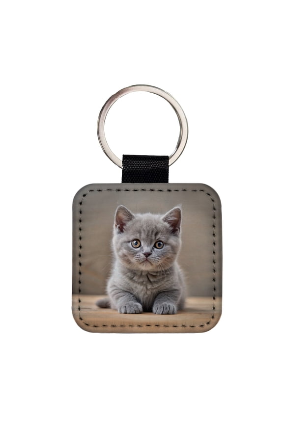 British Shorthair Gray Cat Kitten Photo Faux Leather Square Keychain