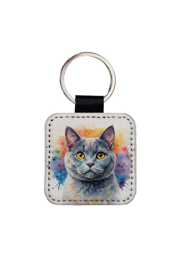 British Shorthair Gray Cat Watercolor Style Faux Leather Square Keychain