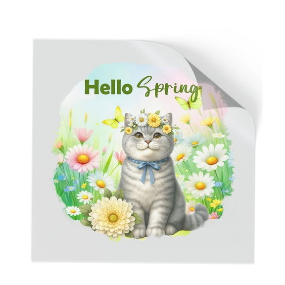 British Shorthair Hello Spring Time Flower Floral Nature Cutout Transfer Sticker Cat Lover Kitten Owner Gifts Transparent Decal Art Decor - 02031