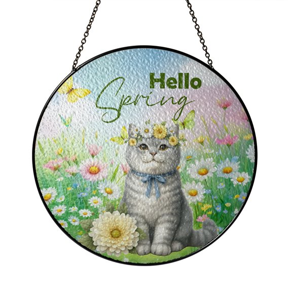 British Shorthair Hello Spring Time Flower Floral Nature Stained Glass Suncatcher Cat Lover Kitten Owner Gifts Window Hanging Sign Decor - 02031