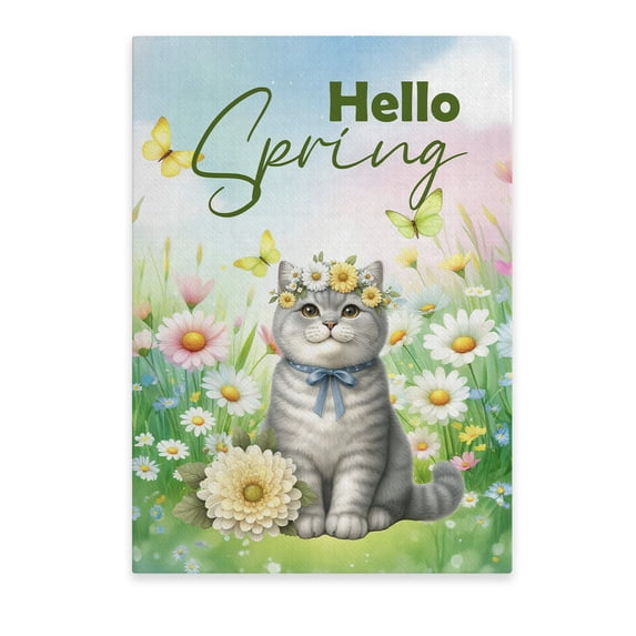 British Shorthair Hello Spring Time Flower Floral Nature Vertical Matte Canvas Poster Cat Lover Kitten Owner Gifts Wall Art Home Decor - 02031