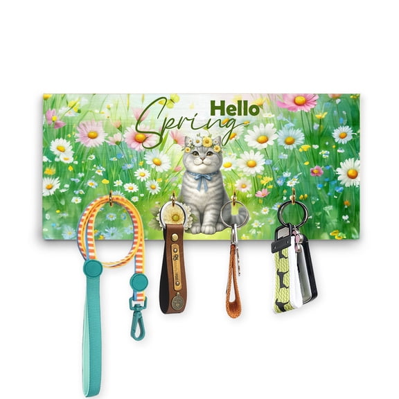 British Shorthair Hello Spring Time Flower Floral Nature Wood Key Holder Cat Lover Kitten Owner Gifts Wall-mounted Key Rack Home Decor - 02031