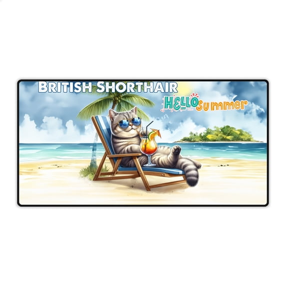 British Shorthair Hello Summer Beach Theme with Sunglasses and Tropical Cocktail Desk Mat Full Keyboard Mouse Pad Cat Lover Kitten Owner Gifts Large Mousepad - 00009