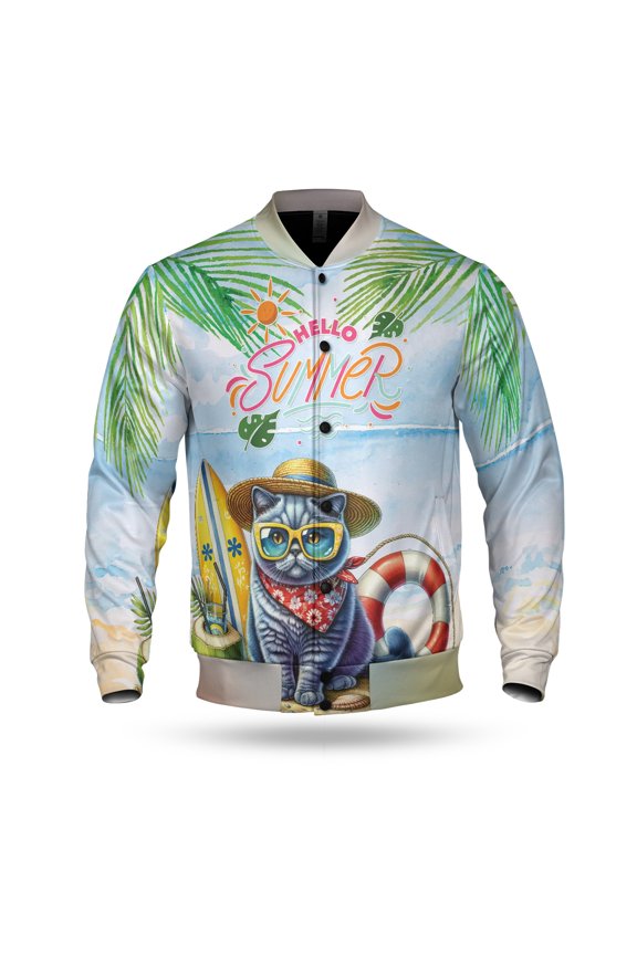 British Shorthair Hello Summer with Sunglasses and Surfboard Tropical Vibes All Over Print 3D Baseball Jacket Cat Lover Kitten Owner Gifts Bomber Jacket Softball - 00007