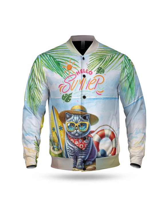 British Shorthair Hello Summer with Sunglasses and Surfboard Tropical Vibes All Over Print 3D Baseball Jacket Cat Lover Kitten Owner Gifts Bomber Jacket Softball - 00007