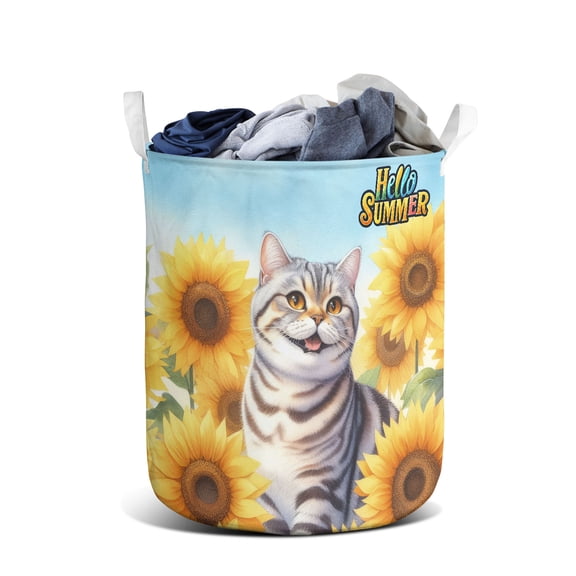 British Shorthair Hello Summer Sunshine Sunflowers Spring Retro Vintage Foldable Laundry Basket Cat Lover Kitten Owner Gifts Organizer Storage with Handles - 00008