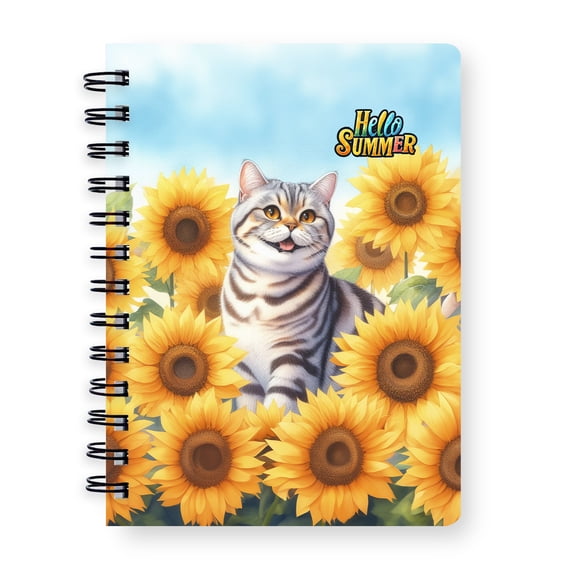 British Shorthair Hello Summer Sunshine Sunflowers Spring Retro Vintage Spiral Bound Journal Cat Lover Kitten Owner Gifts 5x7in Spiral Notebook - 00008