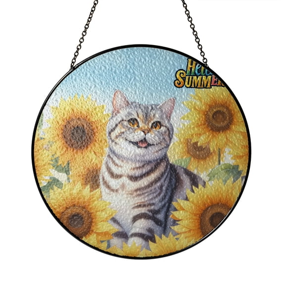 British Shorthair Hello Summer Sunshine Sunflowers Spring Retro Vintage Stained Glass Suncatcher Cat Lover Kitten Owner Gifts Window Hanging Sign Decor - 00008