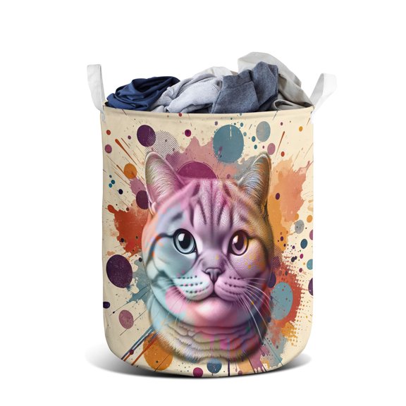 British Shorthair Portrait Watercolor Vintage Retro Styles Foldable Laundry Basket Cat Lover Kitten Owner Gifts Organizer Storage with Handles - 00001