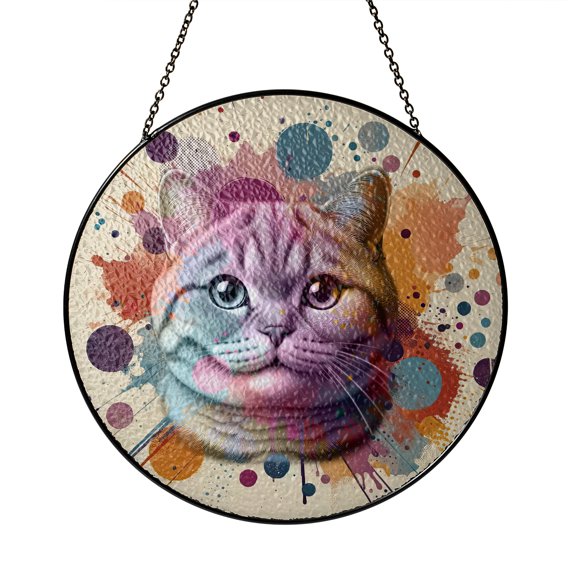 British Shorthair Portrait Watercolor Vintage Retro Styles Stained Glass Suncatcher Cat Lover Kitten Owner Gifts Window Hanging Sign Decor - 00001