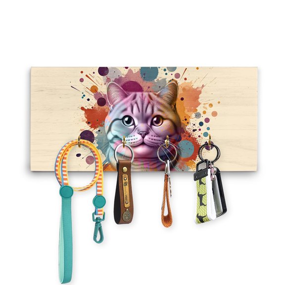 British Shorthair Portrait Watercolor Vintage Retro Styles Wood Key Holder Cat Lover Kitten Owner Gifts Wall-mounted Key Rack Home Decor - 00001